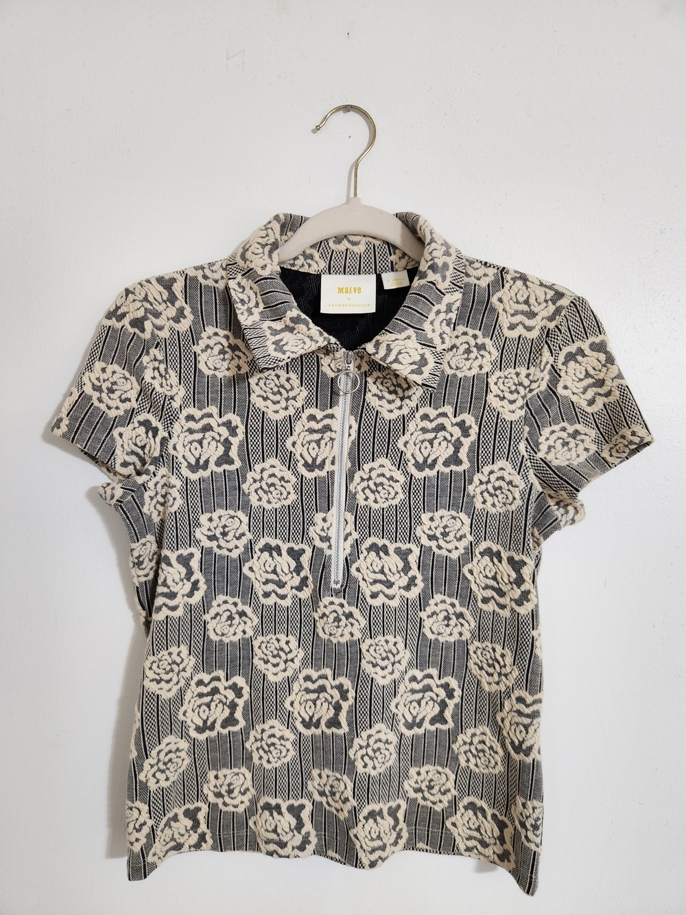 Maeve By Anthropologie Black & Cream Floral Jacquard Zip Polo Tee